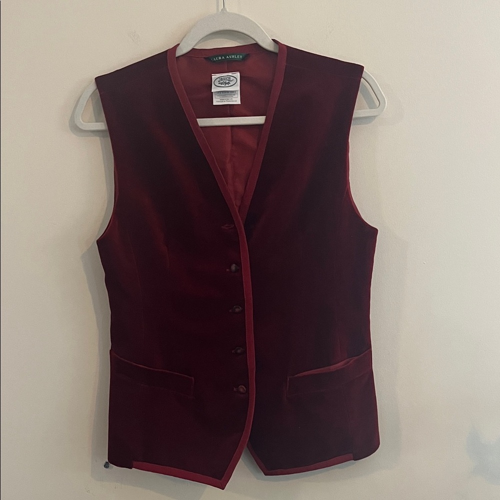 Vintage Laura Ashley Waistcoat Vest Velvet 4 Red Holiday 90s English Countryside